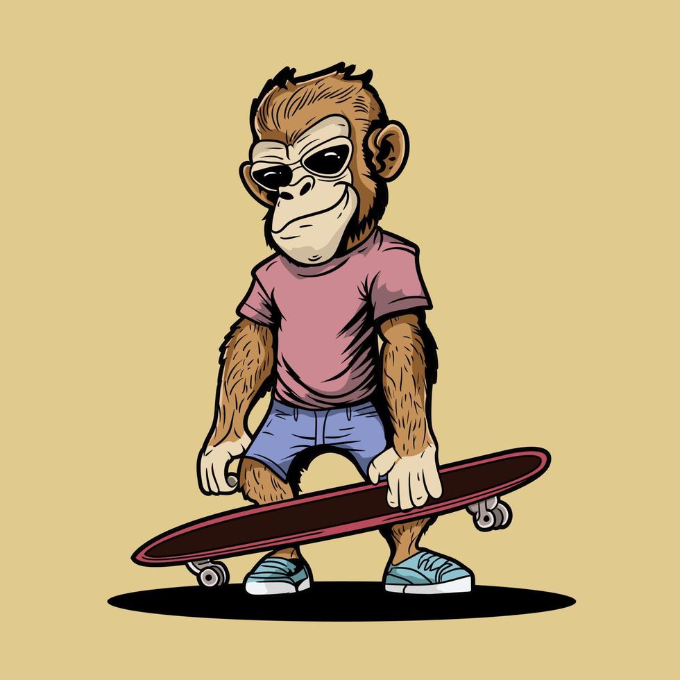 hermoso linda mono mono chimpance con patineta ilustración vector obra de arte