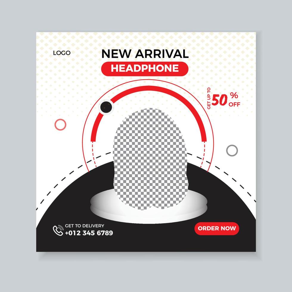 nuevo llegada inteligente auricular o musical instrumento cuadrado social medios de comunicación póster diseño modelo. vector