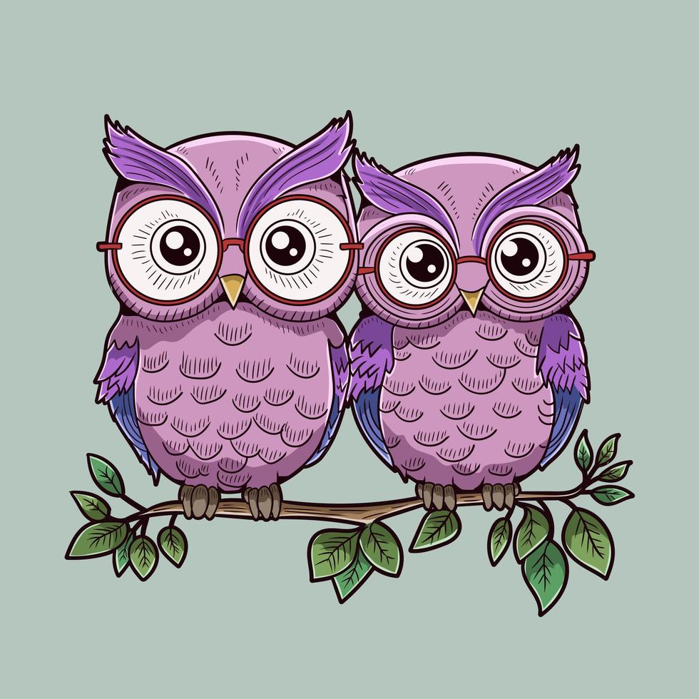 Cute Couple Purple Owl in Tree Illustration Vector Artwork