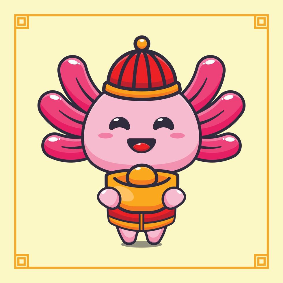 Cute axolotl with gold ingot in chinese new year. vector