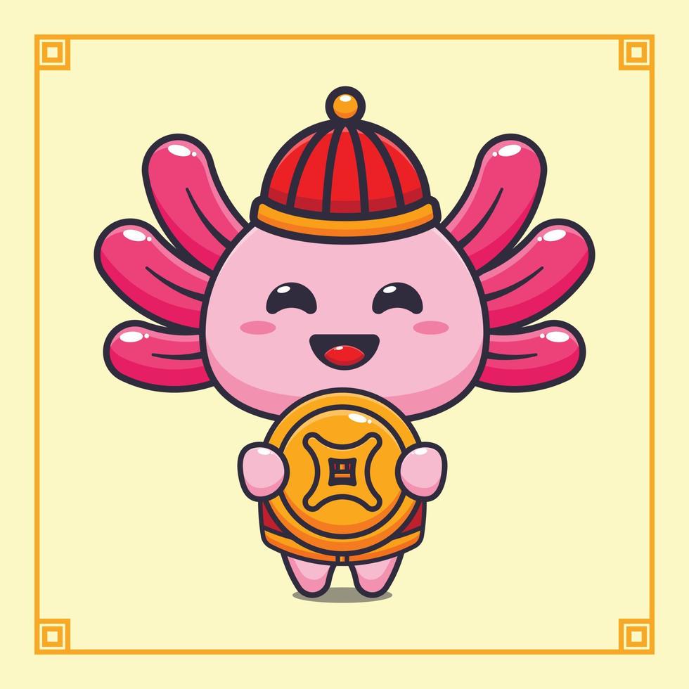 Cute axolotl with gold coin in chinese new year. vector