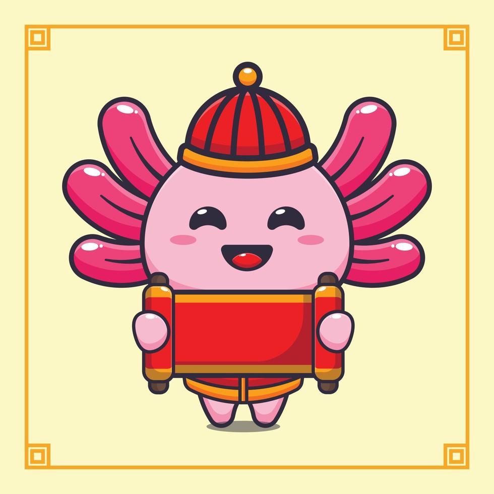 Cute axolotl holding red banner in chinese new year. vector