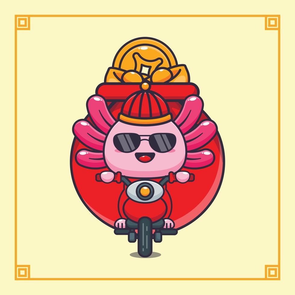 Cute axolotl riding a motorcycle with a lot of gold in chinese new year. vector