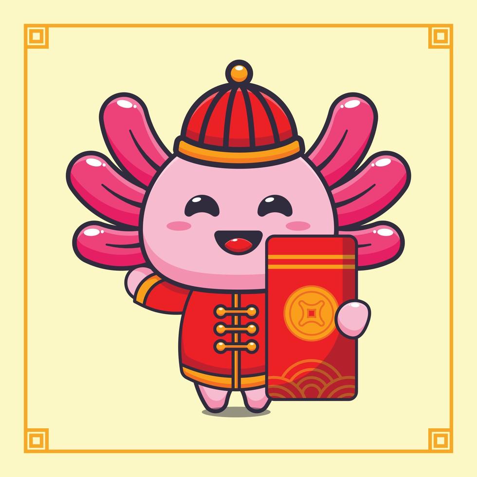 Cute axolotl with big red envelope in chinese new year. vector