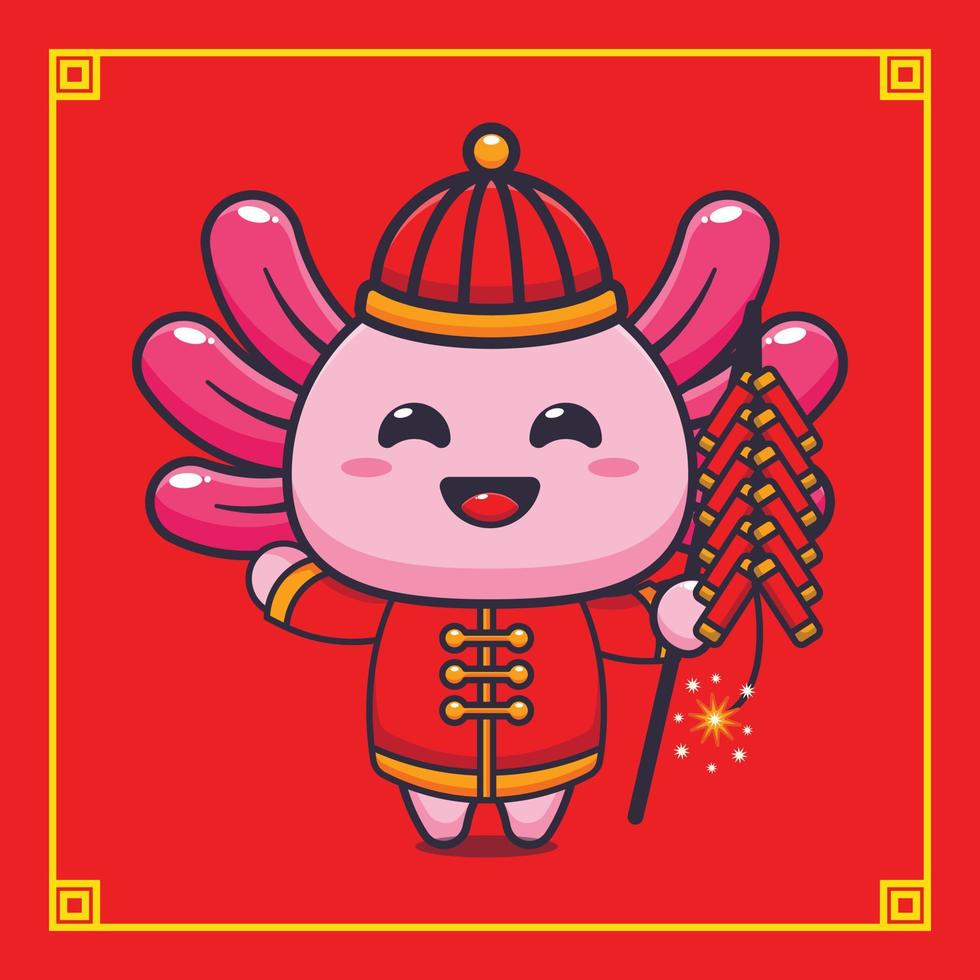 Cute axolotl playing firecrackers in chinese new year. vector