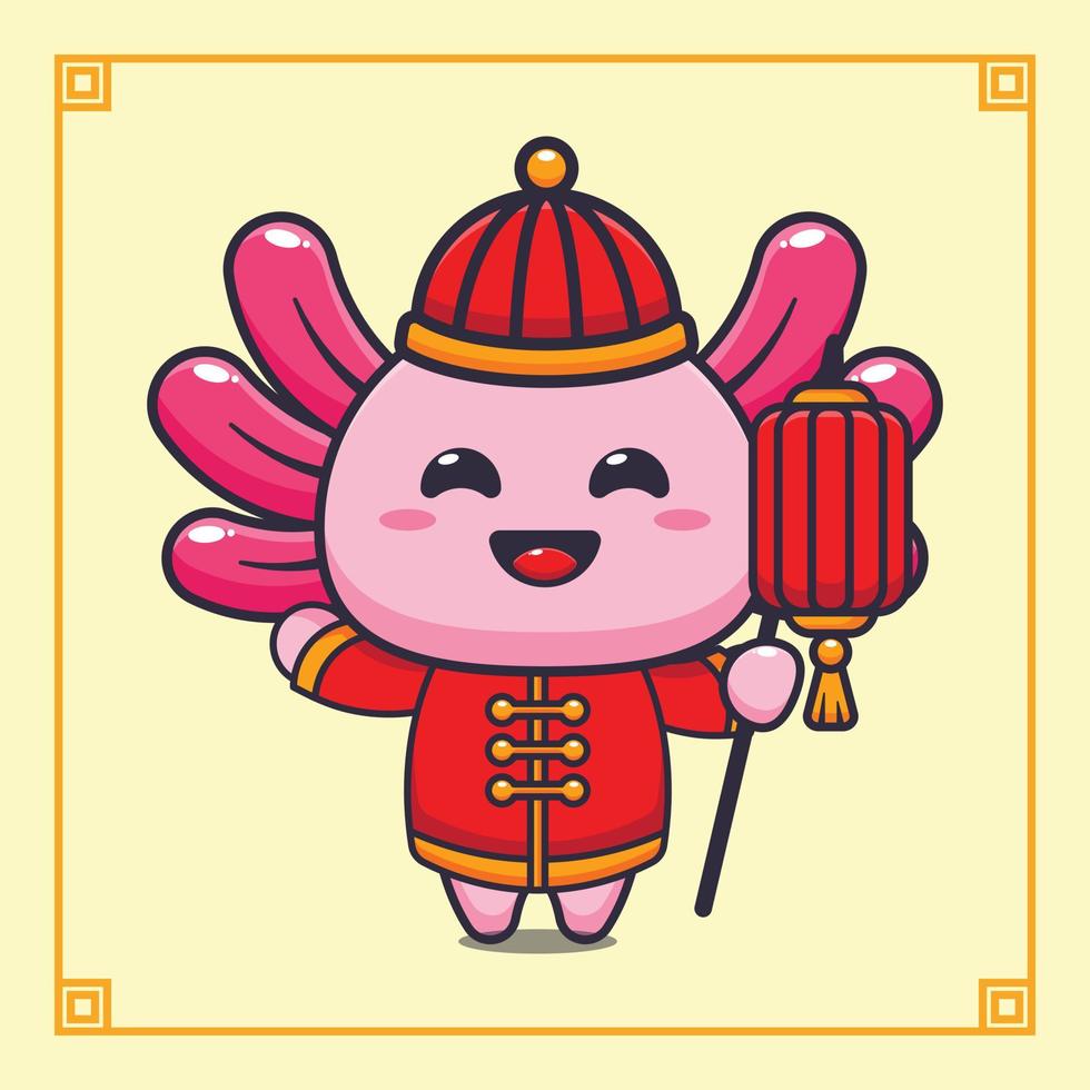 Cute axolotl holding lantern in chinese new year. vector