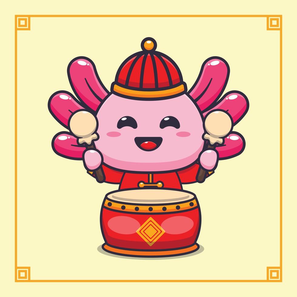 linda ajolote jugando tambor en chino nuevo año dibujos animados vector ilustración.