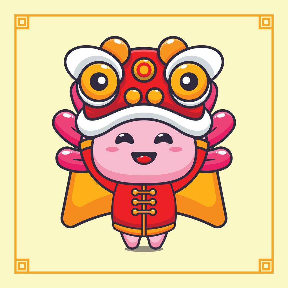 Cute axolotl playing lion dance in chinese new year. vector