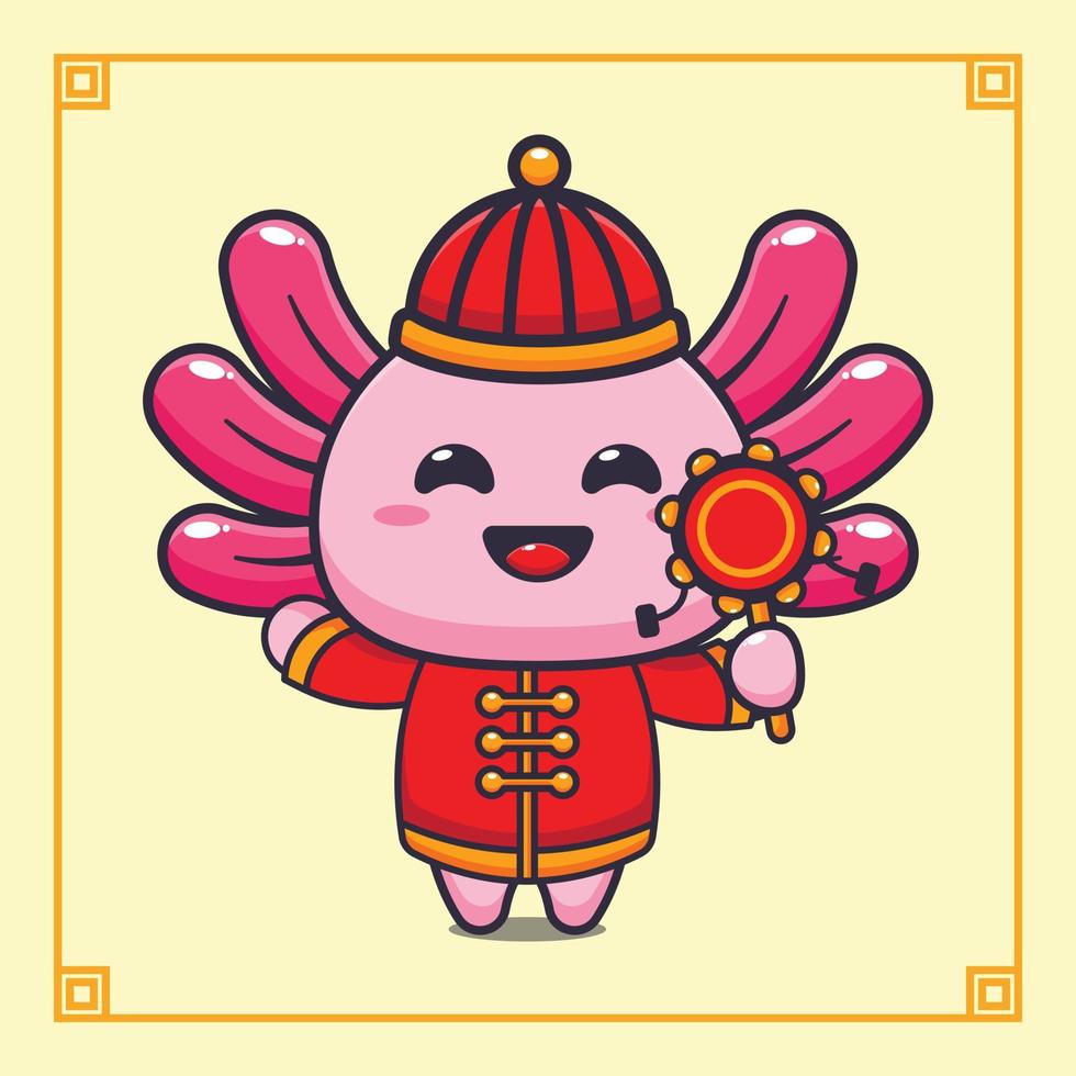 Cute axolotl playing drum toy in chinese new year. vector