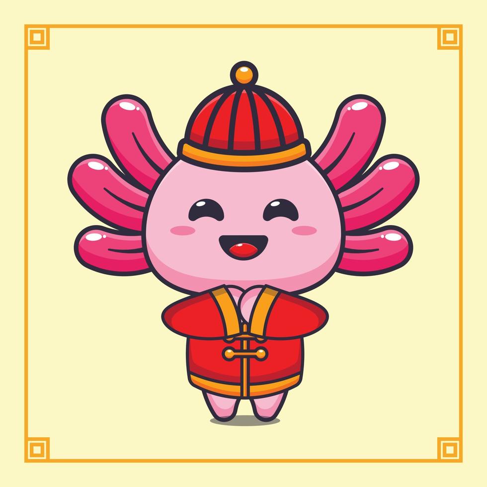 Cute axolotl with red chinese costum in chinese new year. vector