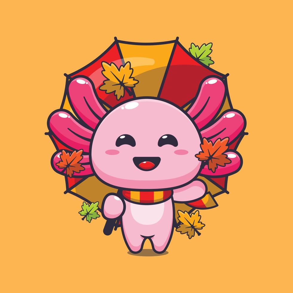 Cute axolotl with umbrella at autumn season cartoon vector illustration.