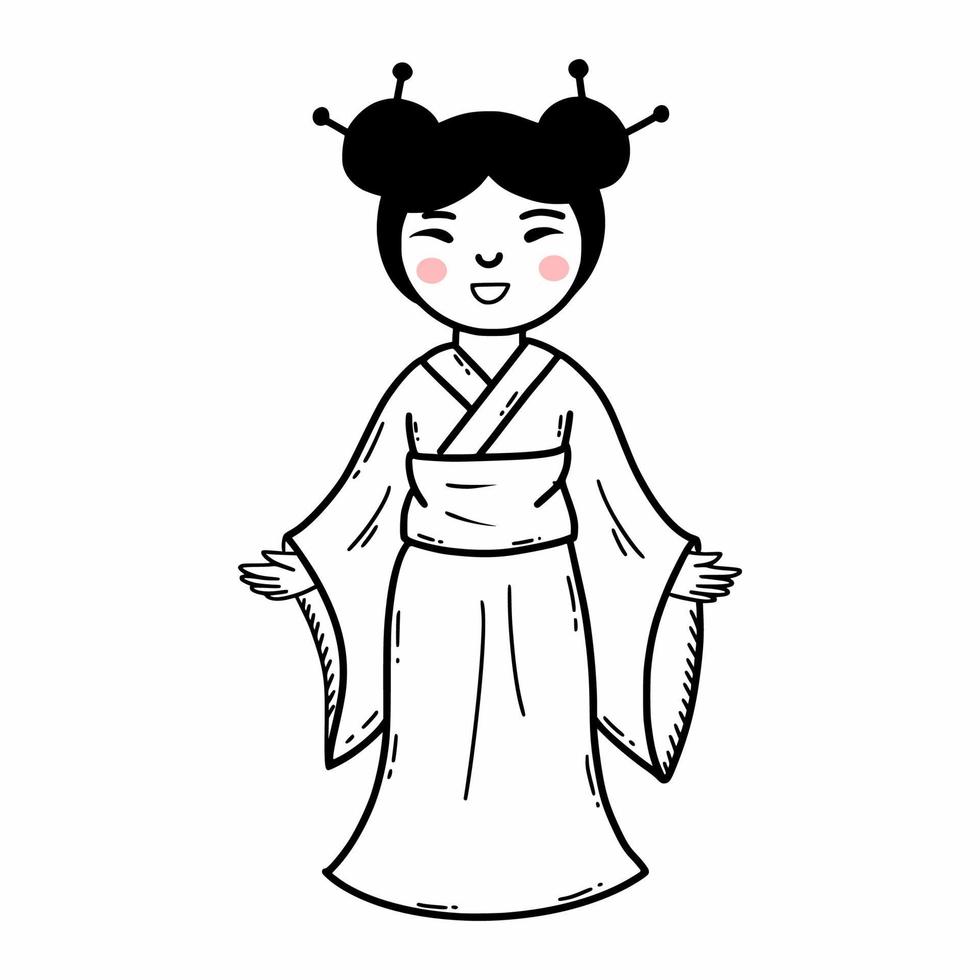 japonés niña en kimono. hermosa mujer en tradicional atuendo. japonés cultura. vector garabatear ilustración. bosquejo.