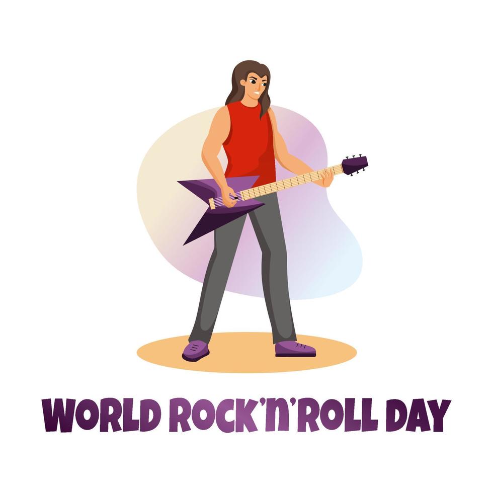 Cool man plays an electric guitar. Musician performs on stage. World Rock and Roll Day. vector