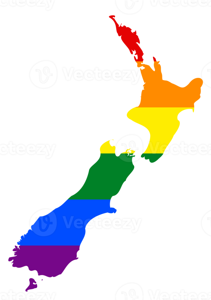 LGBT flag map of the New Zealand. PNG rainbow map of the New Zealand in colors of LGBT