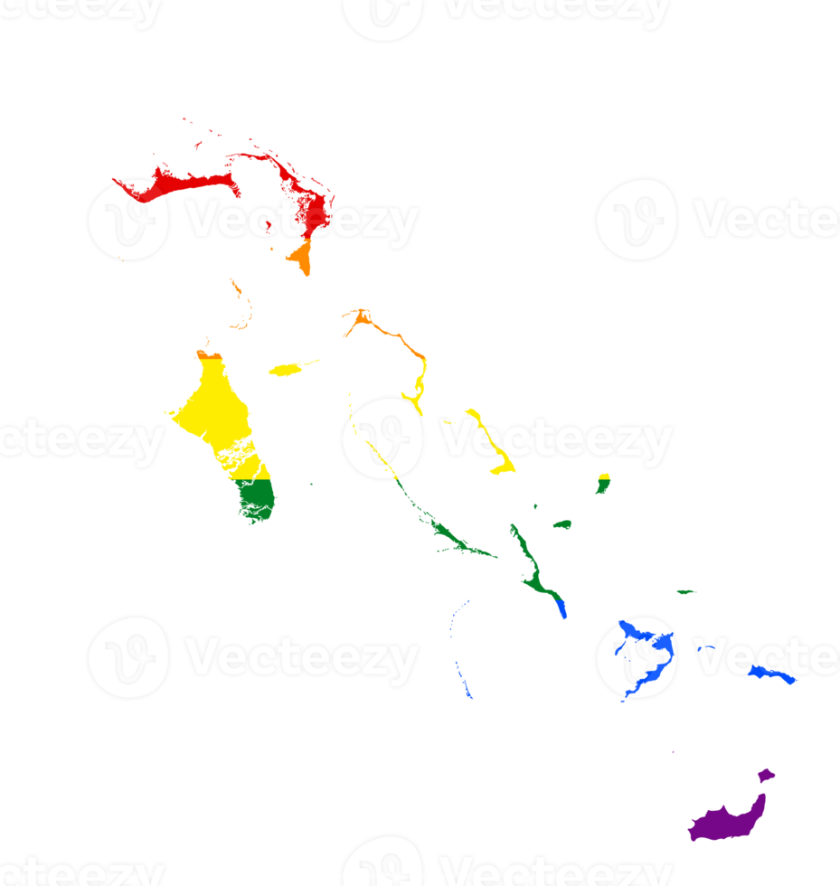 LGBT flag map of the the Bahamas. PNG rainbow map of the Bahamas in colors of LGBT pride flag.