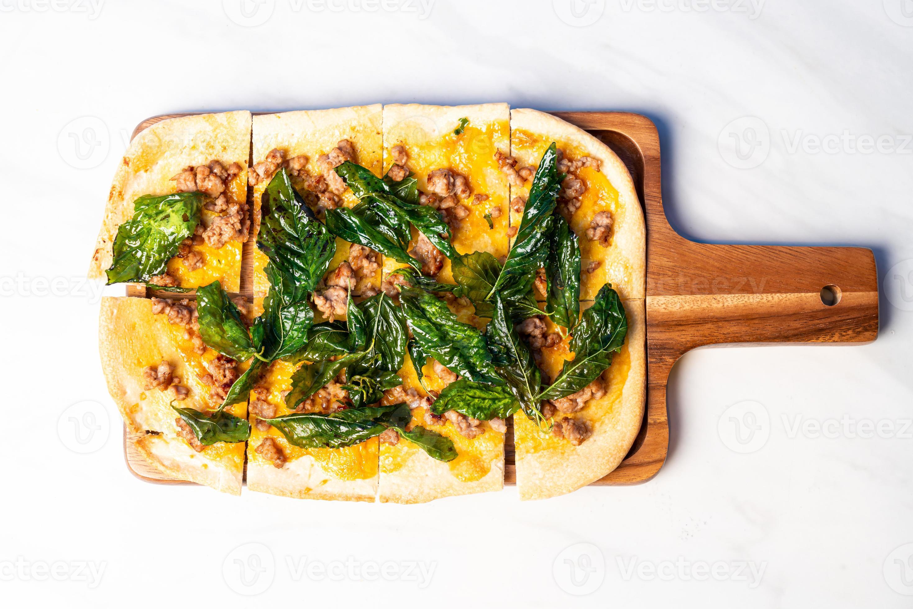 tart flambe minced pork with basil pizza 20916072 Stock Photo at Vecteezy