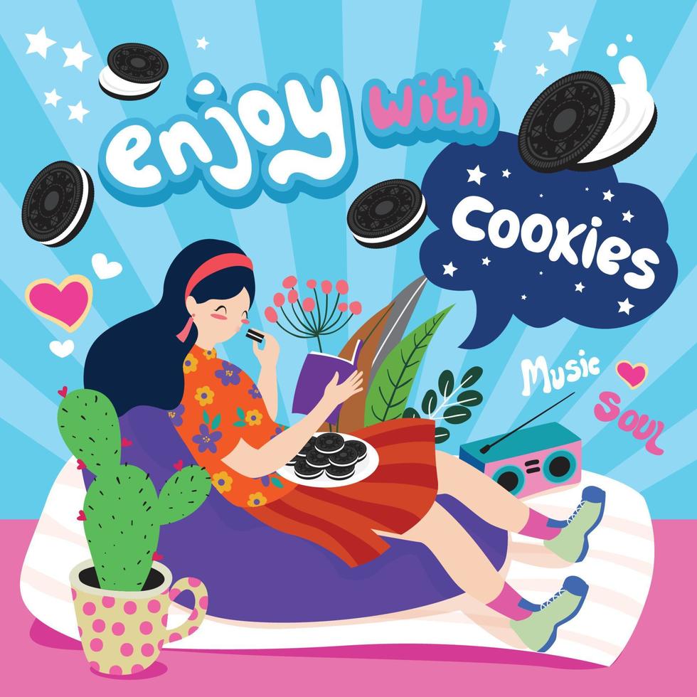 A Girl Reads a Book with a Plate of Cookies vector