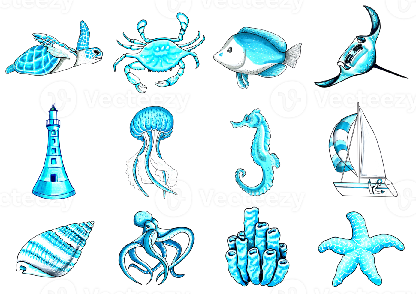 Marine einstellen aqua Farbe mit unter Wasser Leben. JPEG Illustration Marine Tiere. png