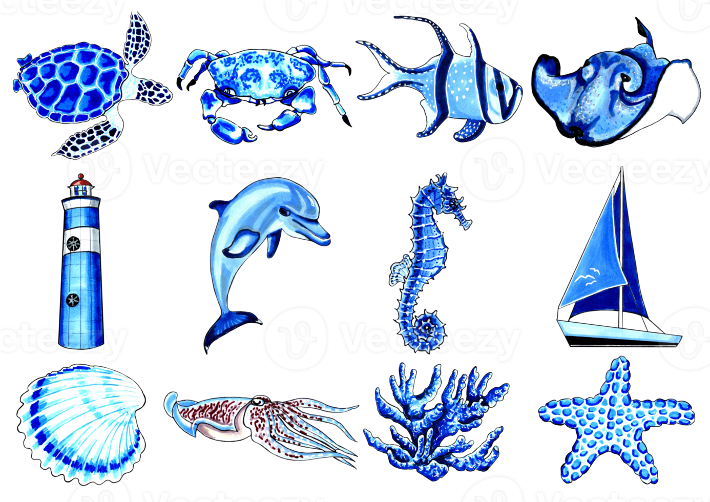 Marine set blue color with turtle, crab, fish, stingray, dolphin, seahorse, seashell,  squid, coral, starfish, yacht, lighthouse. png