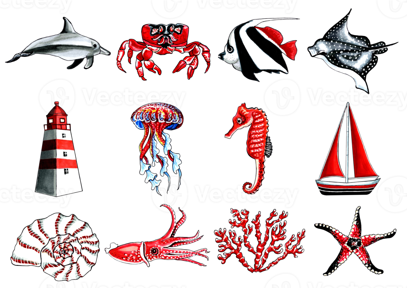 marina conjunto negro rojo color con cangrejo, pez, mantarraya, delfín, caballo de mar, concha, calamar, Medusa, coral, estrella de mar, yate, faro. png