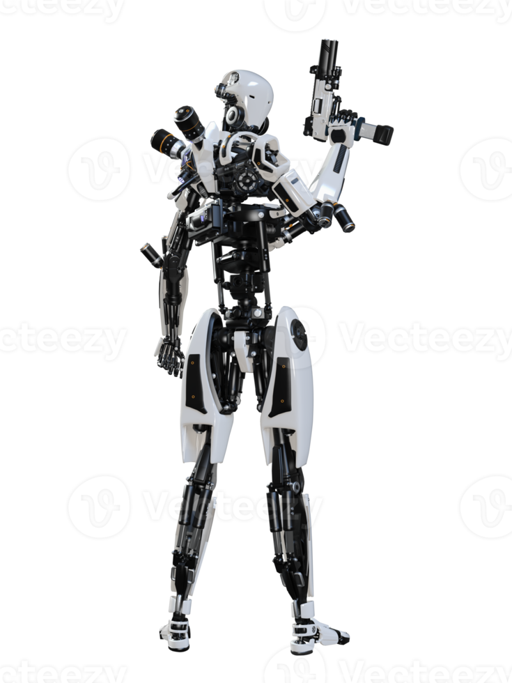 Cyberpunk Roboter halten Gewehr isoliert. 3d machen png