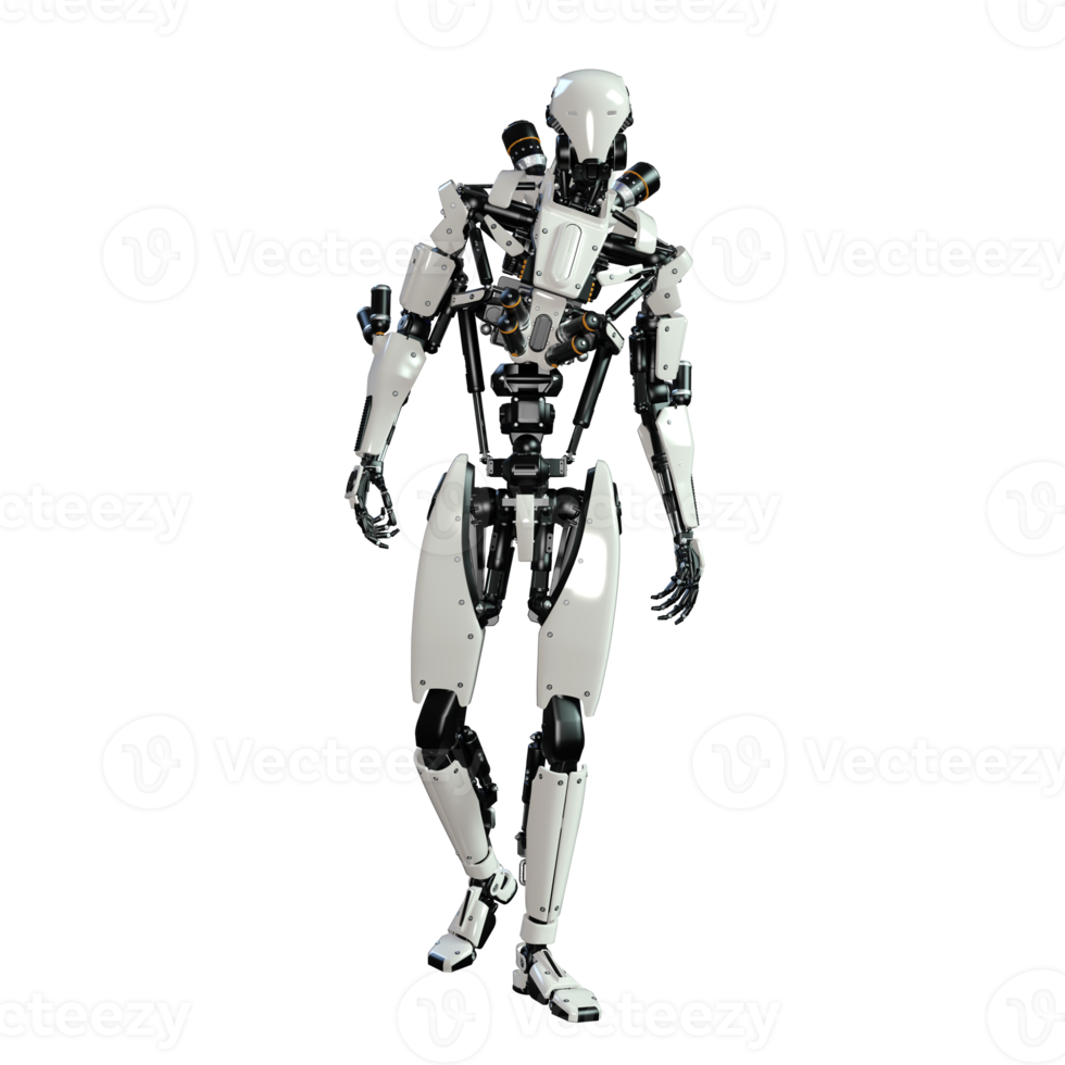 Cyberpunk robot walking isolated. 3d render png