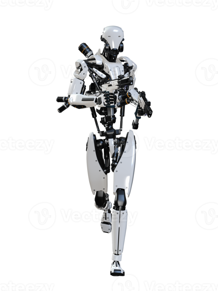 Cyberpunk Roboter halten Gewehr isoliert. 3d machen png