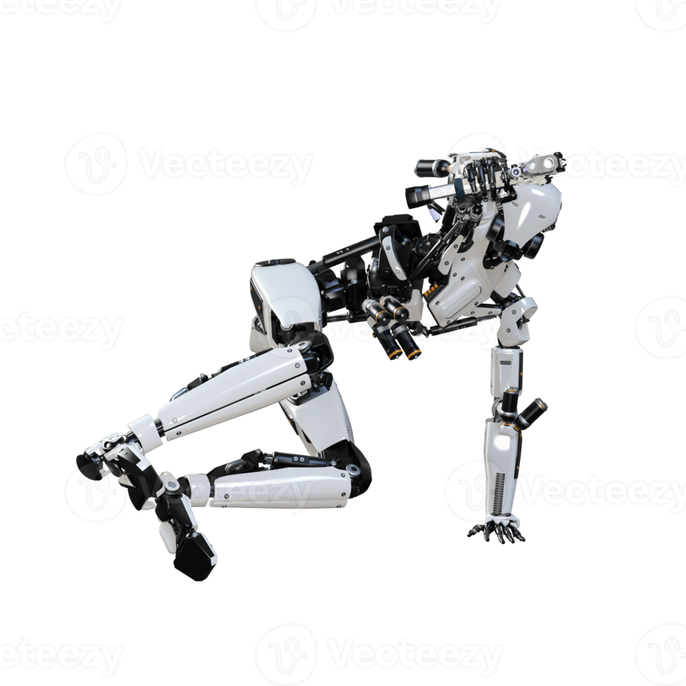 Cyberpunk Roboter halten Gewehr isoliert. 3d machen png