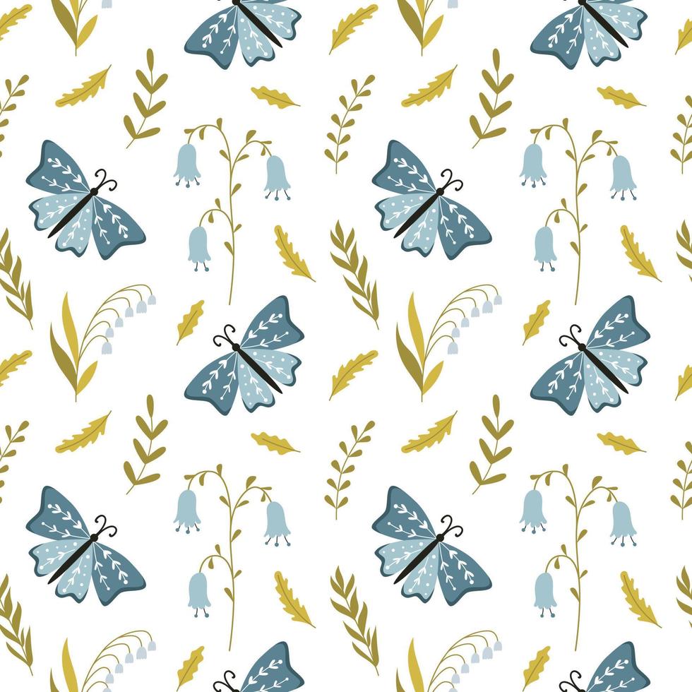 Seamless pattern with hand-drawn cute blue butterflies, spring flowers, lily of the valley, bluebell, herbs and twigs. For wrapping paper, scrapbooking, home textiles. Vector illustration on white.