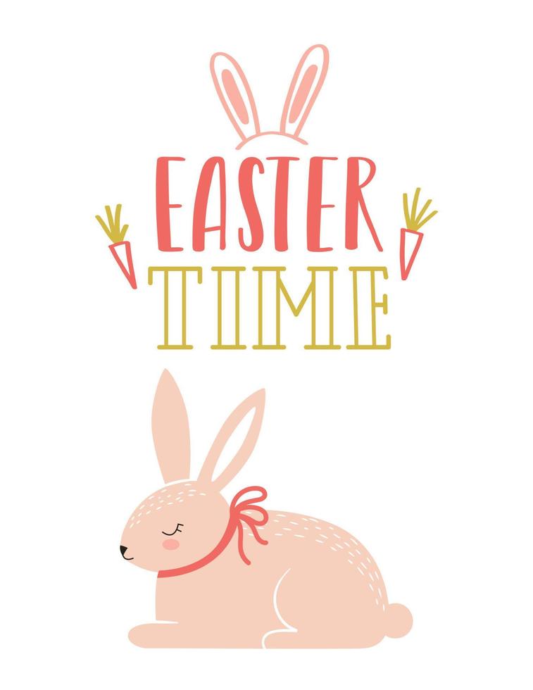 Easter greeting card with a cute pink Easter bunny sleeping in the grass and a hand lettering phrase - Easter time. Color flat cartoon vector illustration on white background