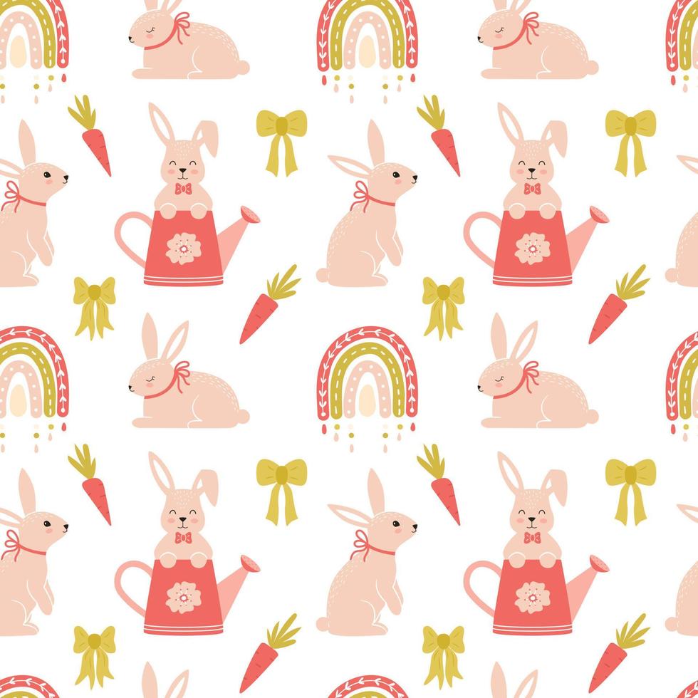 Seamless pattern with cute bunnies, boho rainbow, carrots and bows. Cartoon rabbits characters. Great for baby textiles, baby clothes, gift paper. Vector illustration on a white background.
