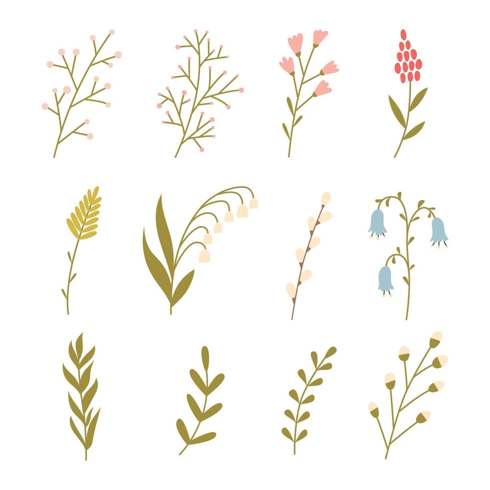 un conjunto de sencillo leña menuda, primavera flores, hierbas. lirio de el valle, sauce, campana. minimalista plano mano dibujado botánico decorativo elementos. color vector ilustraciones aislado en un blanco antecedentes.