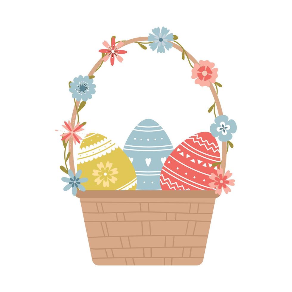 Easter eggs with a pattern in a wicker basket with flowers. Decorated eggs, a symbol of Easter. Decorative element for greeting cards. Color vector illustration isolated on a white background.