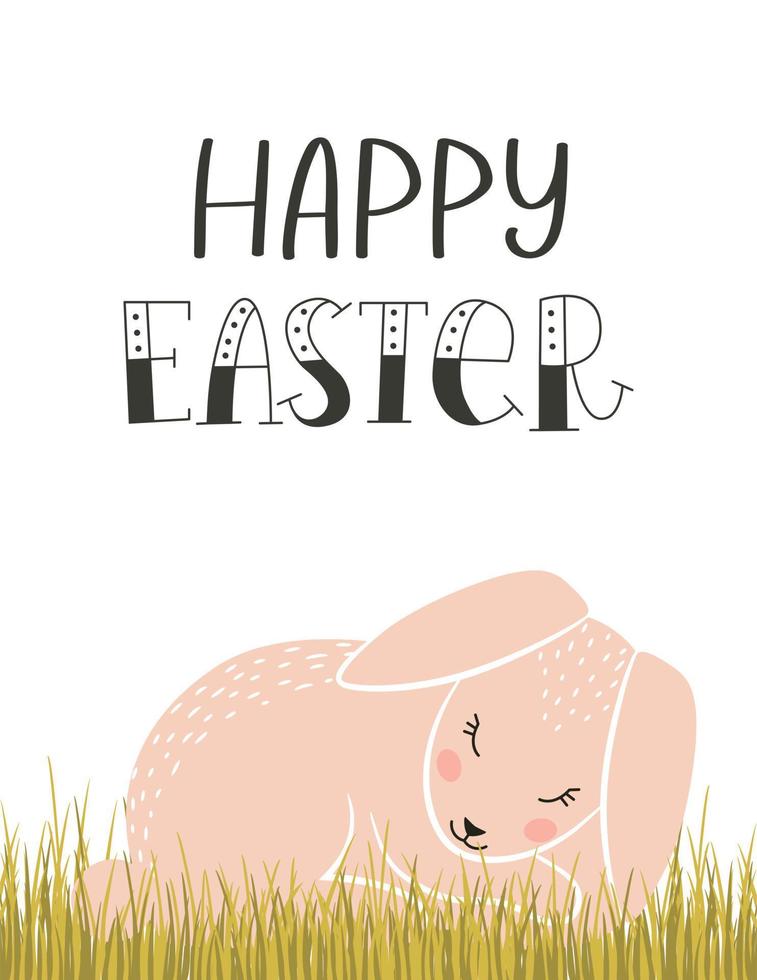 Easter greeting card with a cute pink Easter bunny sleeping in the grass and a hand lettering phrase - Happy Easter. Color flat cartoon vector illustration on white background