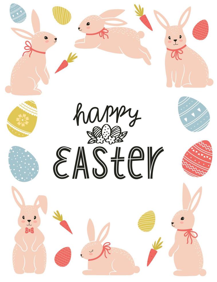 Easter greeting card with different cute Easter bunnies, Easter eggs, with hand-drawn pattern and hand lettering phrase - Happy Easter. Color flat cartoon vector illustration on white background