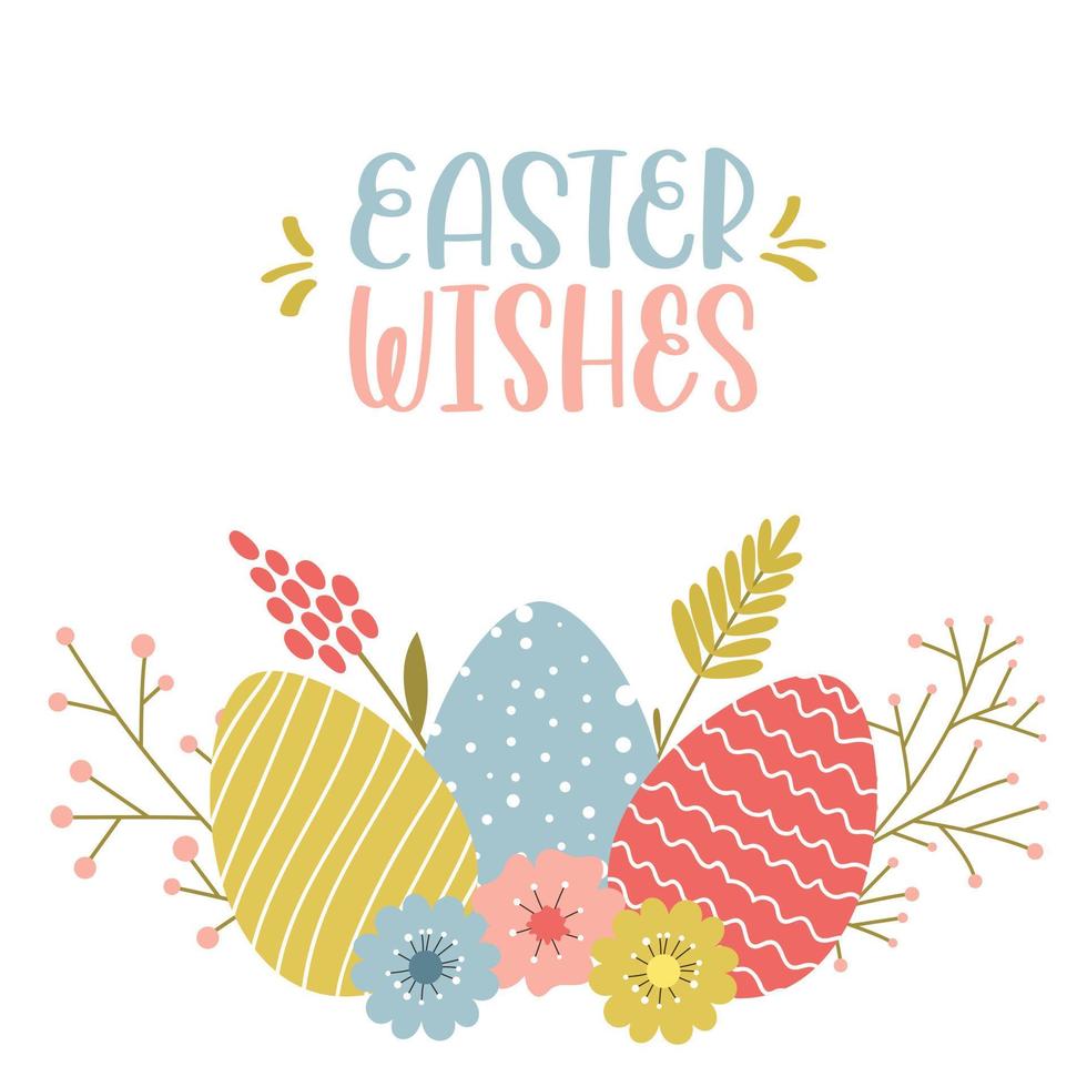 Easter greeting card with Easter eggs with hand drawn pattern, simple spring flowers, twigs and herbs. Hand lettering phrase - Easter wishes. Color cartoon vector illustration on a white background.