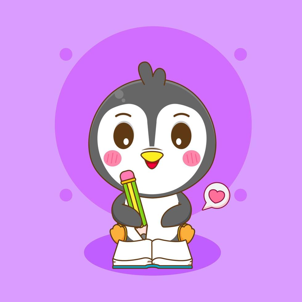 Cute Penguin writing in book Chibi Character Illustration vector