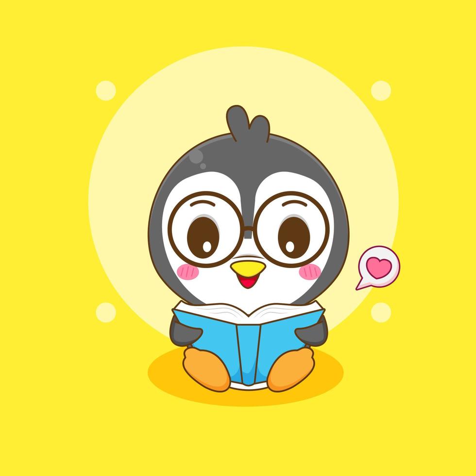 Cute Penguin reading book Chibi Character Illustration vector