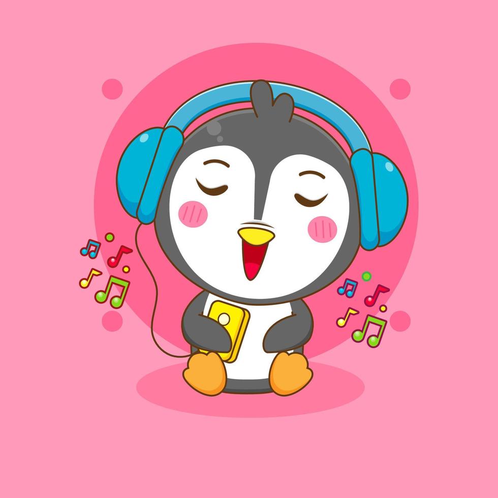 linda pingüino escuchando a música chibi personaje ilustración vector