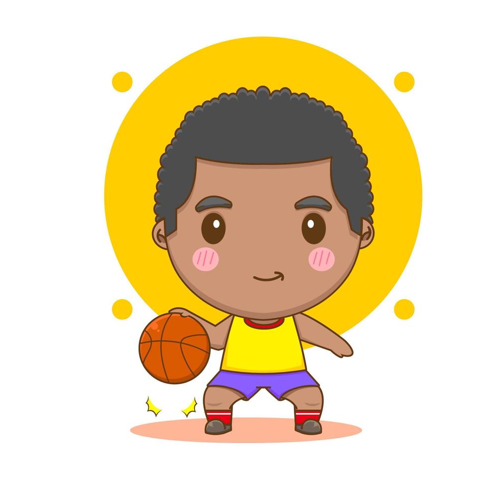 linda chico dibujos animados personaje. niño jugando baloncesto chibi ilustración. vector