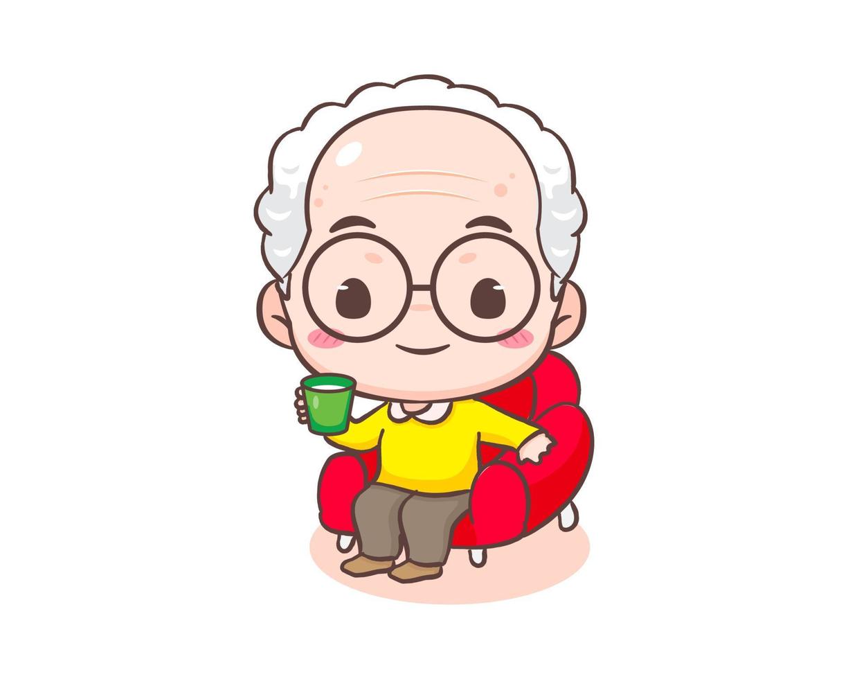 linda abuelo o antiguo hombre dibujos animados personaje. abuelo sentar en sofá con café. kawaii chibi mano dibujado estilo. adorable mascota vector ilustración. personas familia concepto diseño