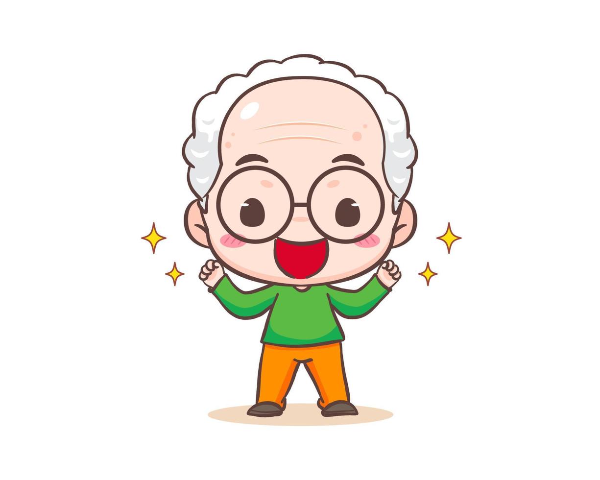 Cute grandfather or old man cartoon character. Strong Grandpa with stars around. Kawaii chibi hand drawn style. Adorable mascot vector illustration. People Family Concept design