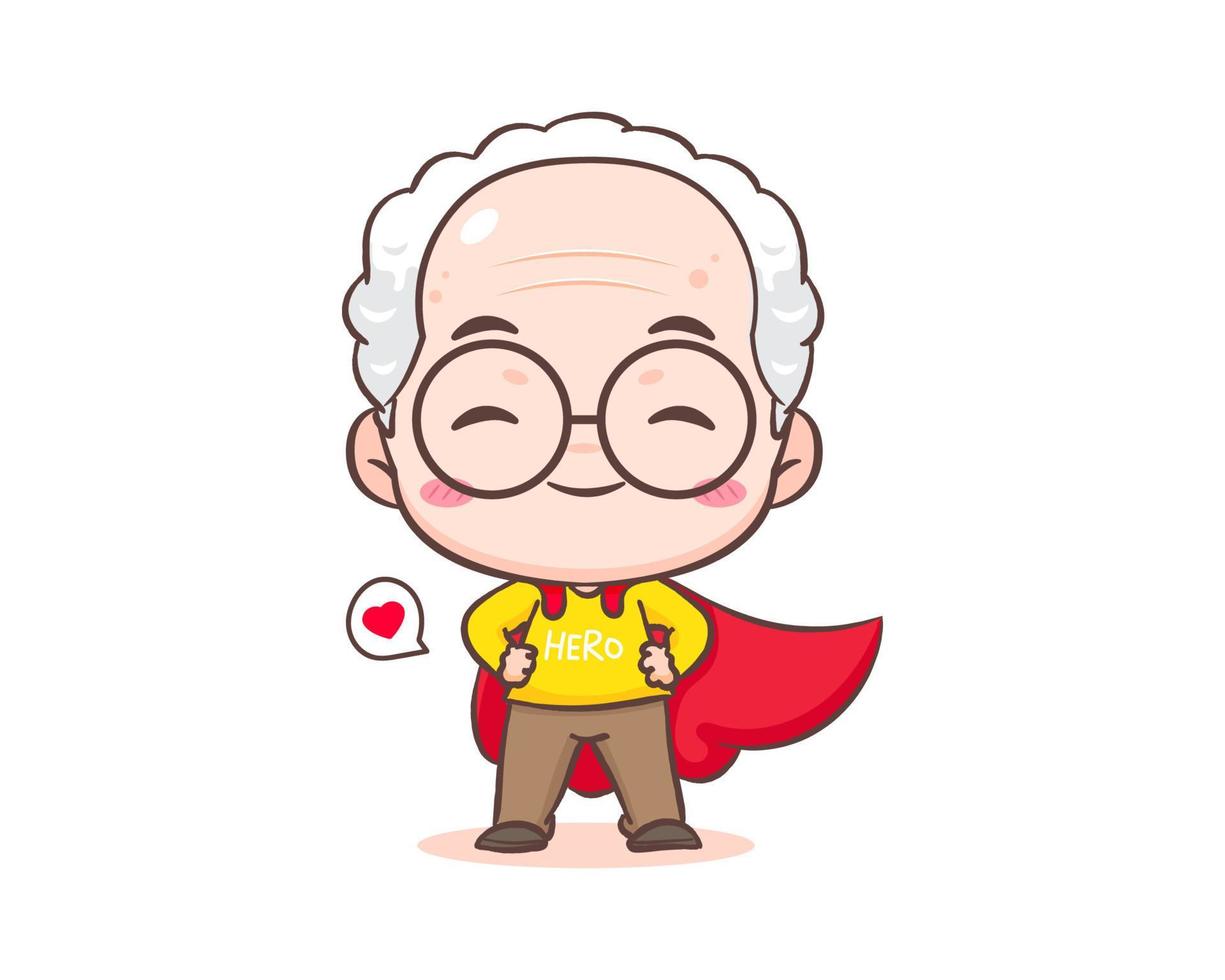 Cute grandfather or old man cartoon character. Super hero grandpa with red cloak hand at waist. Kawaii chibi hand drawn style. Adorable mascot vector illustration. People Family Concept design