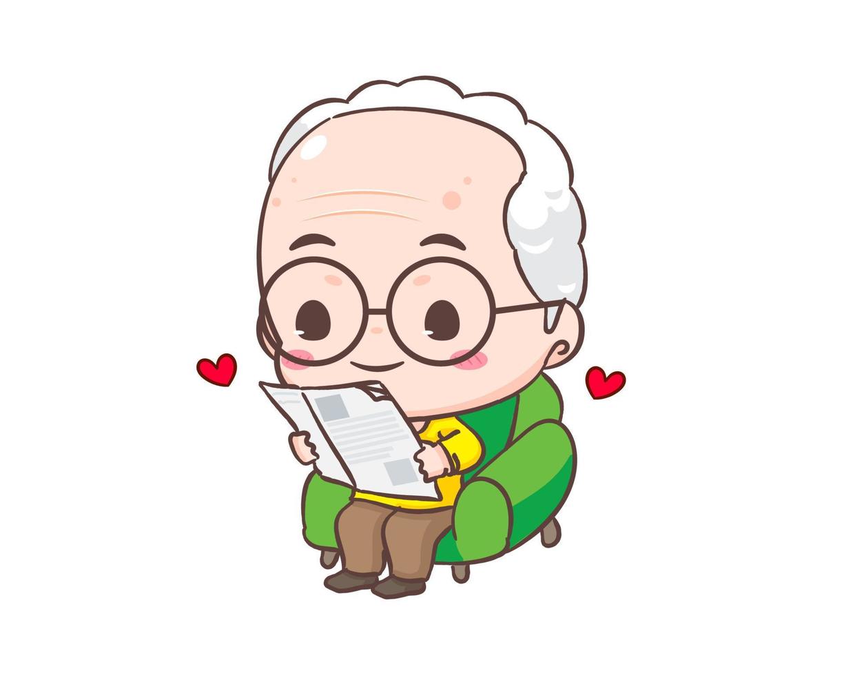 linda abuelo o antiguo hombre dibujos animados personaje. abuelo sentar en sofá leyendo periódico. kawaii chibi mano dibujado estilo. adorable mascota vector ilustración. personas familia concepto diseño