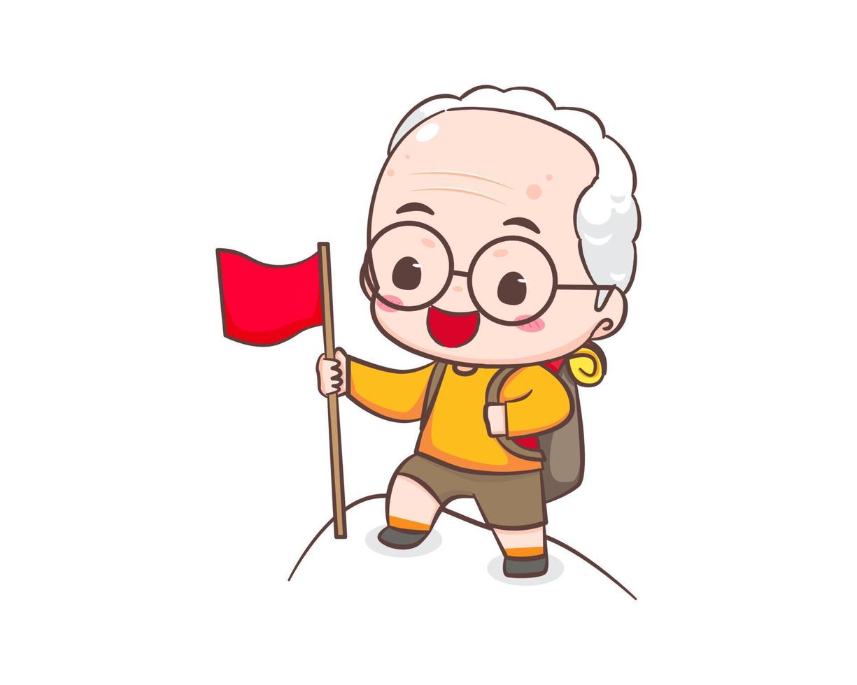 linda abuelo o antiguo hombre dibujos animados personaje. abuelo excursionismo participación rojo bandera en parte superior montaña. kawaii chibi mano dibujado estilo. adorable mascota vector ilustración. personas familia concepto diseño