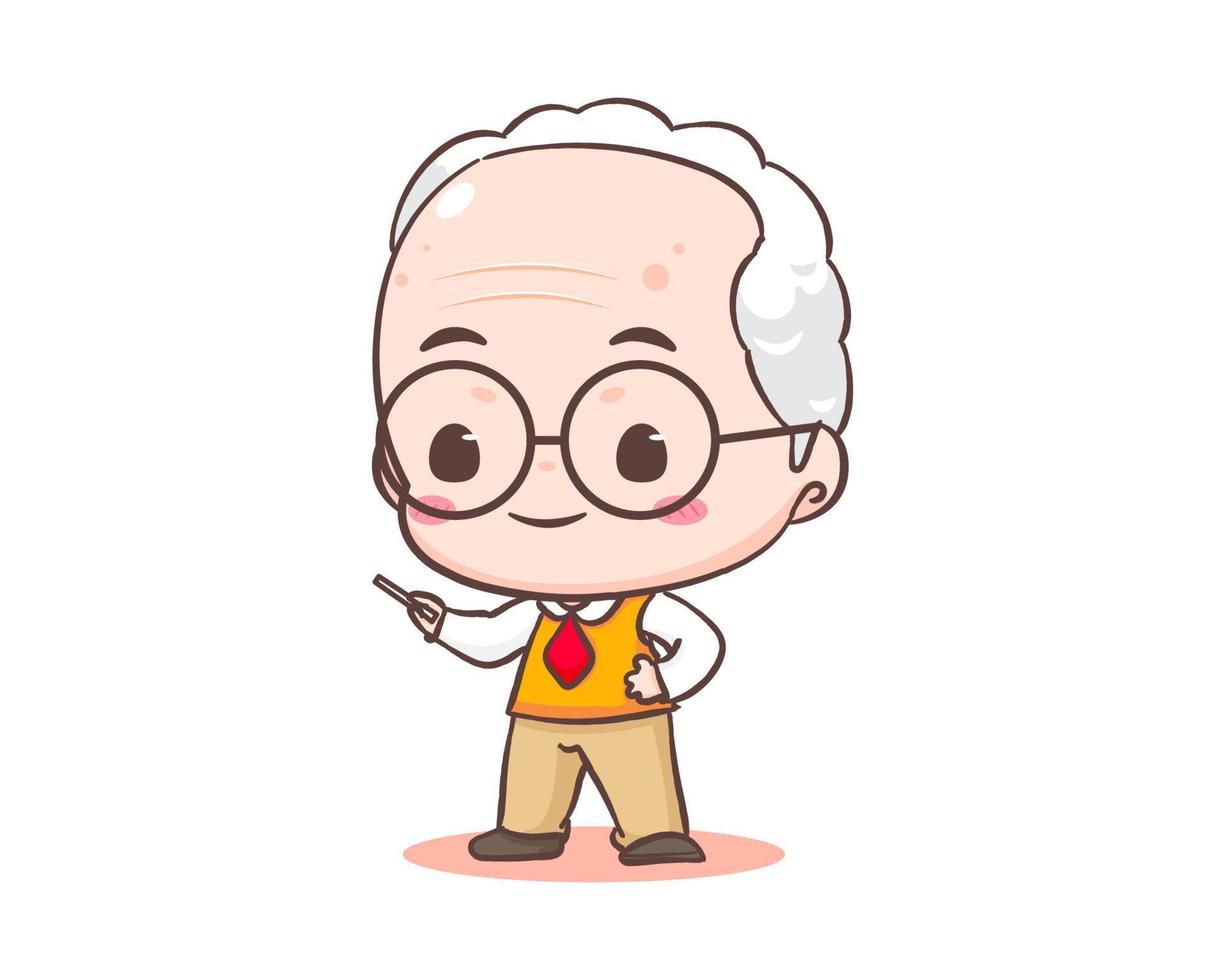 Cute grandfather or old man teaching holding chalk cartoon character. Kawaii chibi hand drawn style. Adorable mascot vector illustration. People Family Concept design