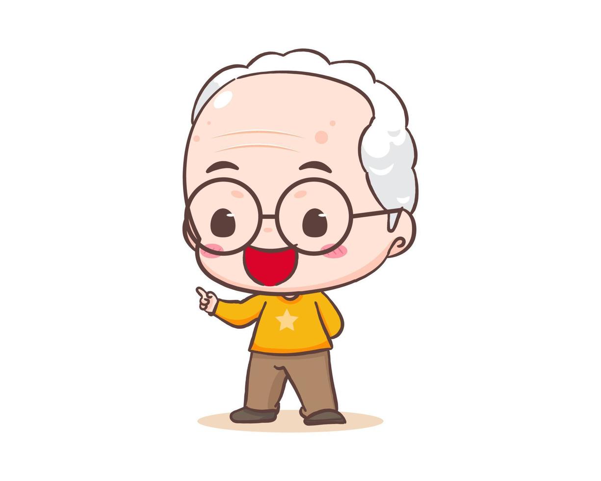 linda abuelo o antiguo hombre dibujos animados personaje. abuelo señalando mano firmar pose. kawaii chibi mano dibujado estilo. adorable mascota vector ilustración. personas familia concepto diseño