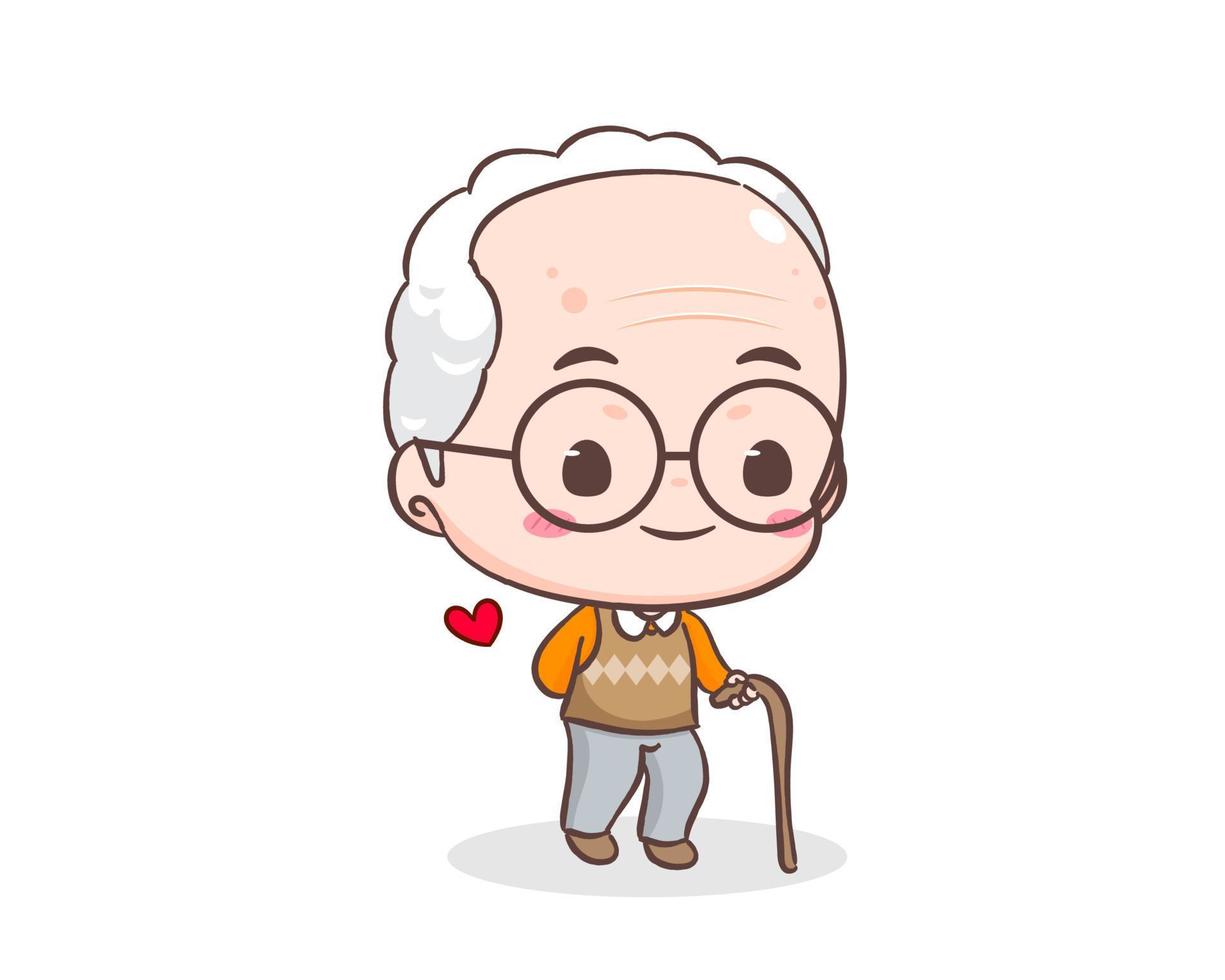Cute grandfather or old man cartoon character. Grandpa holding cane. Kawaii chibi hand drawn style. Adorable mascot vector illustration. People Family Concept design