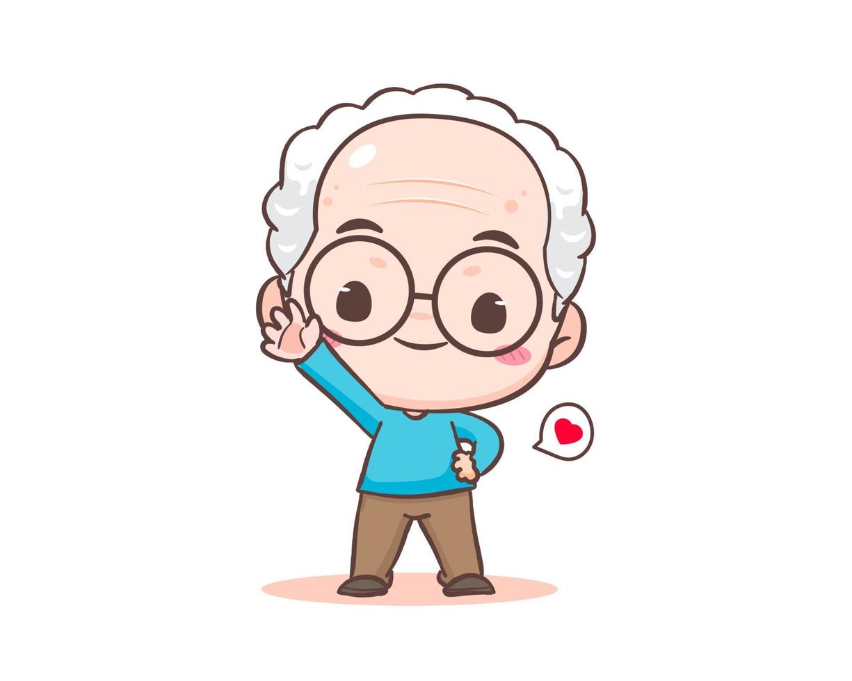 Cute grandfather or old man cartoon character. Grandpa greeting pose say hello. Kawaii chibi hand drawn style. Adorable mascot vector illustration. People Family Concept design