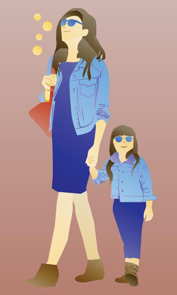 wearing blue glasses holding hands smiling Mother and daughter dressed casually vector